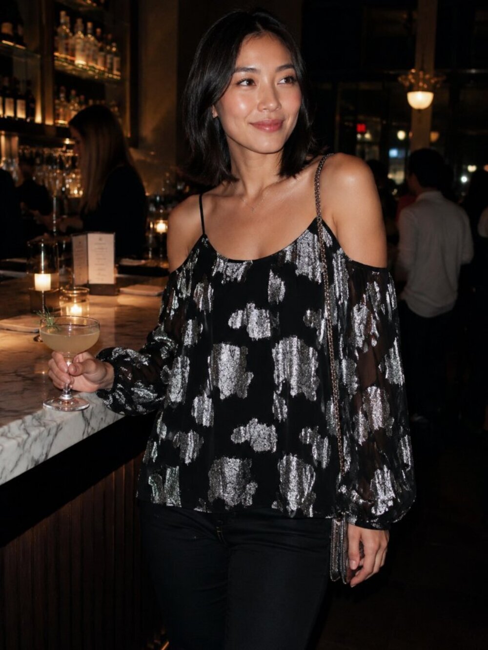 Lucky Brand Blouse XS NWT Cold Shoulder Floral Silver Metallic Night Out Party